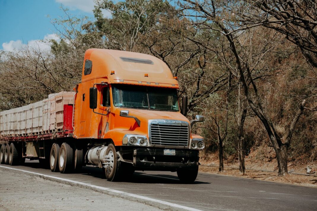 Tractocamión naranja con carga en una carretera bordeada de árboles secos