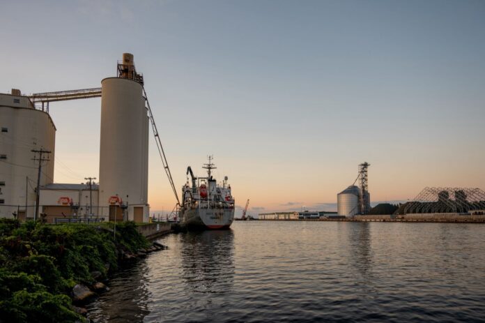 Una cinta de trigo ardió en el cais 12A del Porto de Santos y la Autoridad Portuaria dice que el muelle siguió operando Silos de granos con cinta transportadora junto a un buque atracado en un puerto
