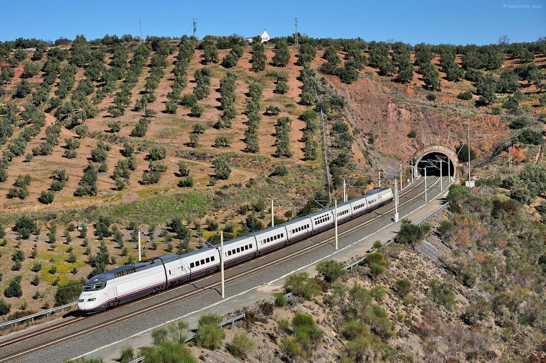Tren AVE de Renfe saliendo de un túnel entre olivares en la línea de alta velocidad a su paso por Adamuz