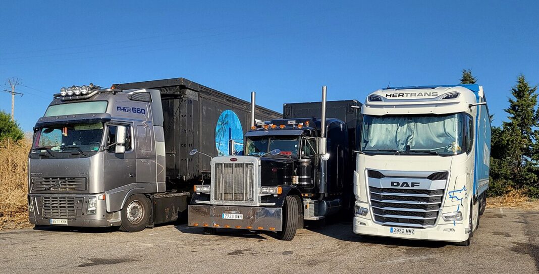 Tres tractocamiones con matrícula española estacionados en un área de descanso