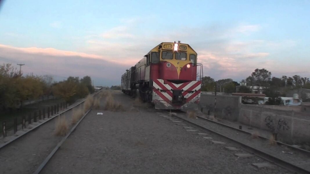 Locomotora del Belgrano Cargas con su esquema rojo y amarillo sobre la vía